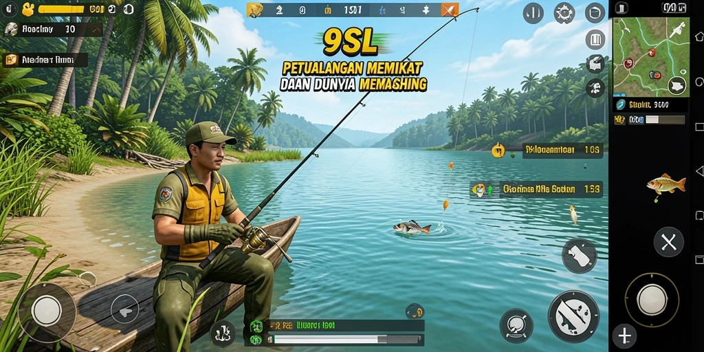 Screenshot game 9SL menampilkan momen seru saat menangkap ikan di danau.