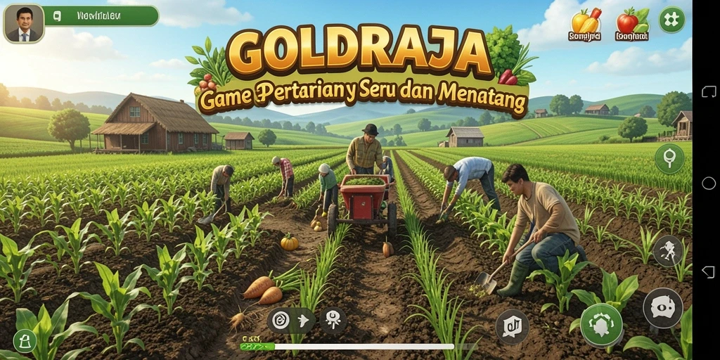 Tangkapan layar gameplay GOLDRAJA menampilkan ladang hijau yang subur dan aktivitas pertanian.
