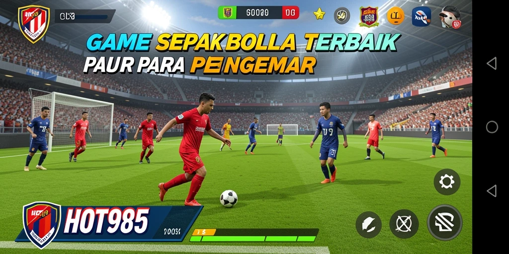 Screenshot gameplay HOT985 menampilkan aksi pertandingan sepak bola yang mengesankan.