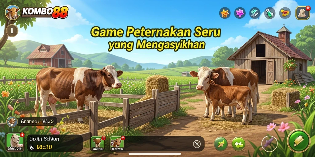 Tampilan gameplay KOMBO88 yang menampilkan aktivitas bertani dan berkebun.