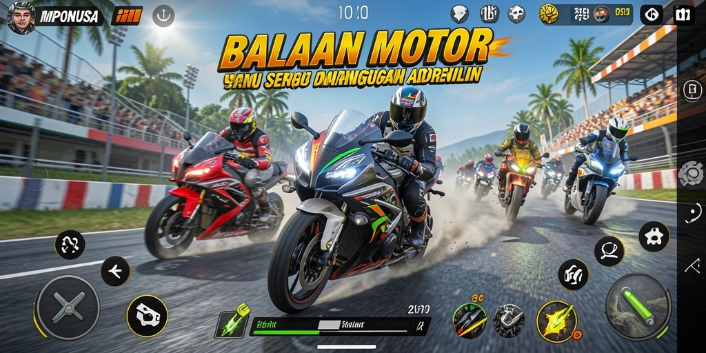 Tampilan gameplay seru di MPONUSA dengan balapan motor yang penuh aksi.